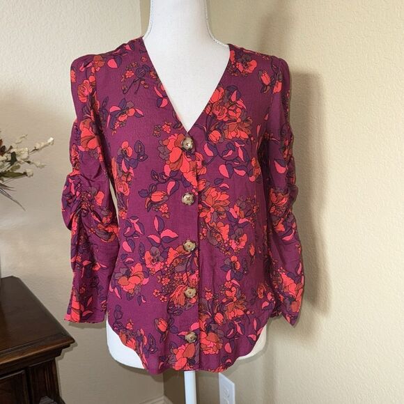 (BOGO FREE) Maeve by Anthropologie Button Down Floral Blouse Ruched Sleeve XXS - Picture 2 of 5